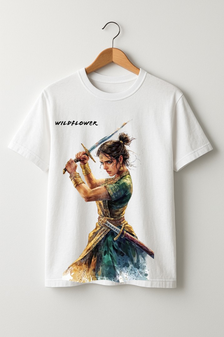 Wild Flower Women’s Oversized White T-Shirt – Empowering Graphic Tee Inspired by Rani Lakshmibai