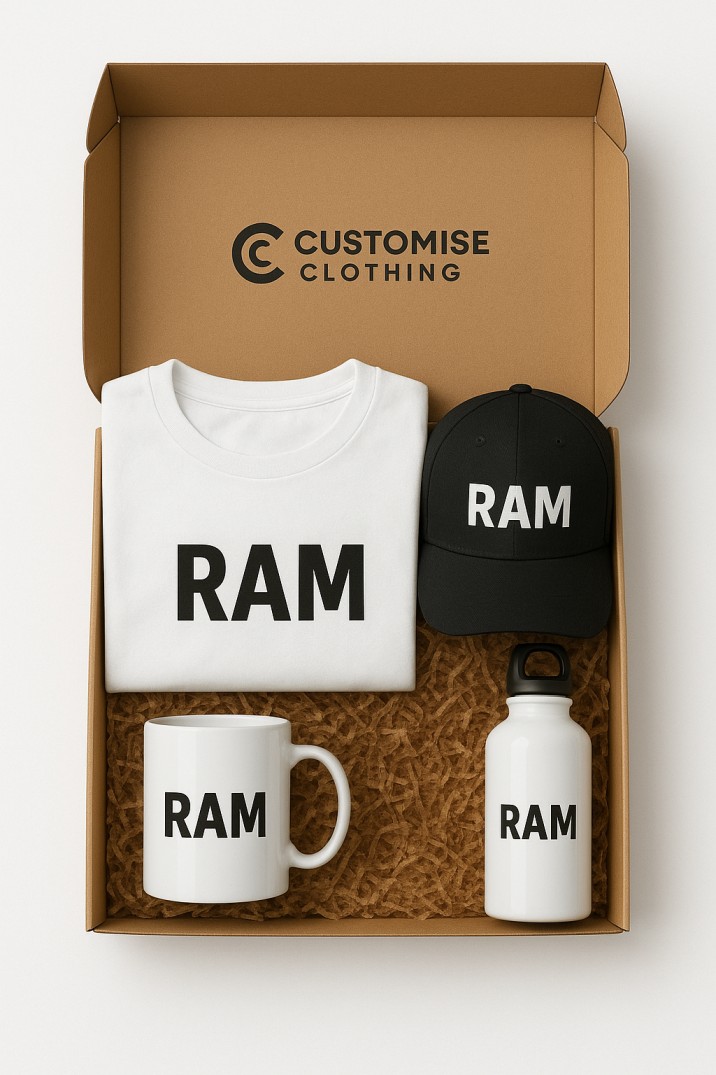 ✨ Custom Gift Box – Personalized T-Shirt, Cap, Mug & Bottle Combo