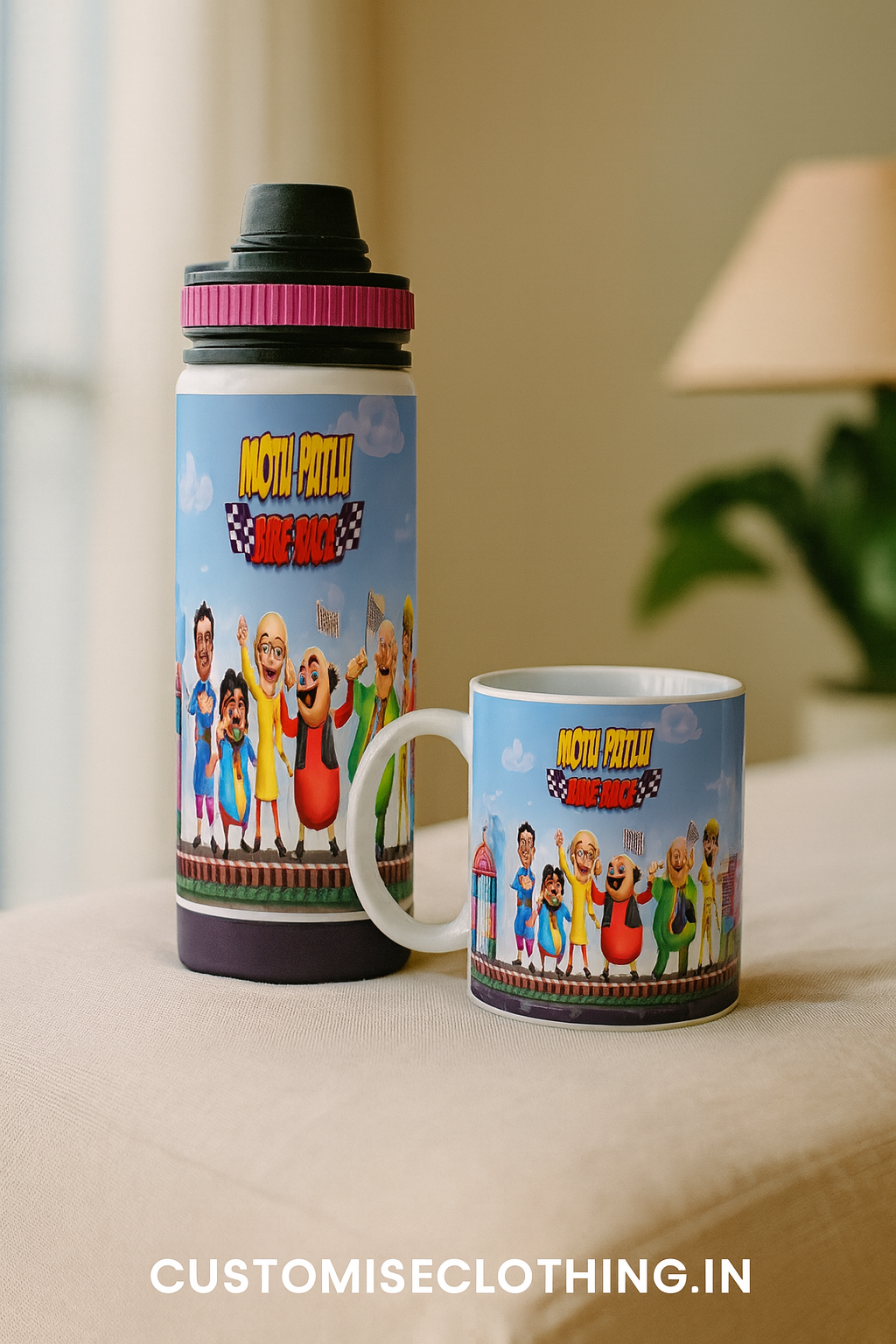 Motu Patlu Water Bottle and Mug Set, BPA-Free Cartoon Printed, 750ml Bottle with Matching Mug, Leakp