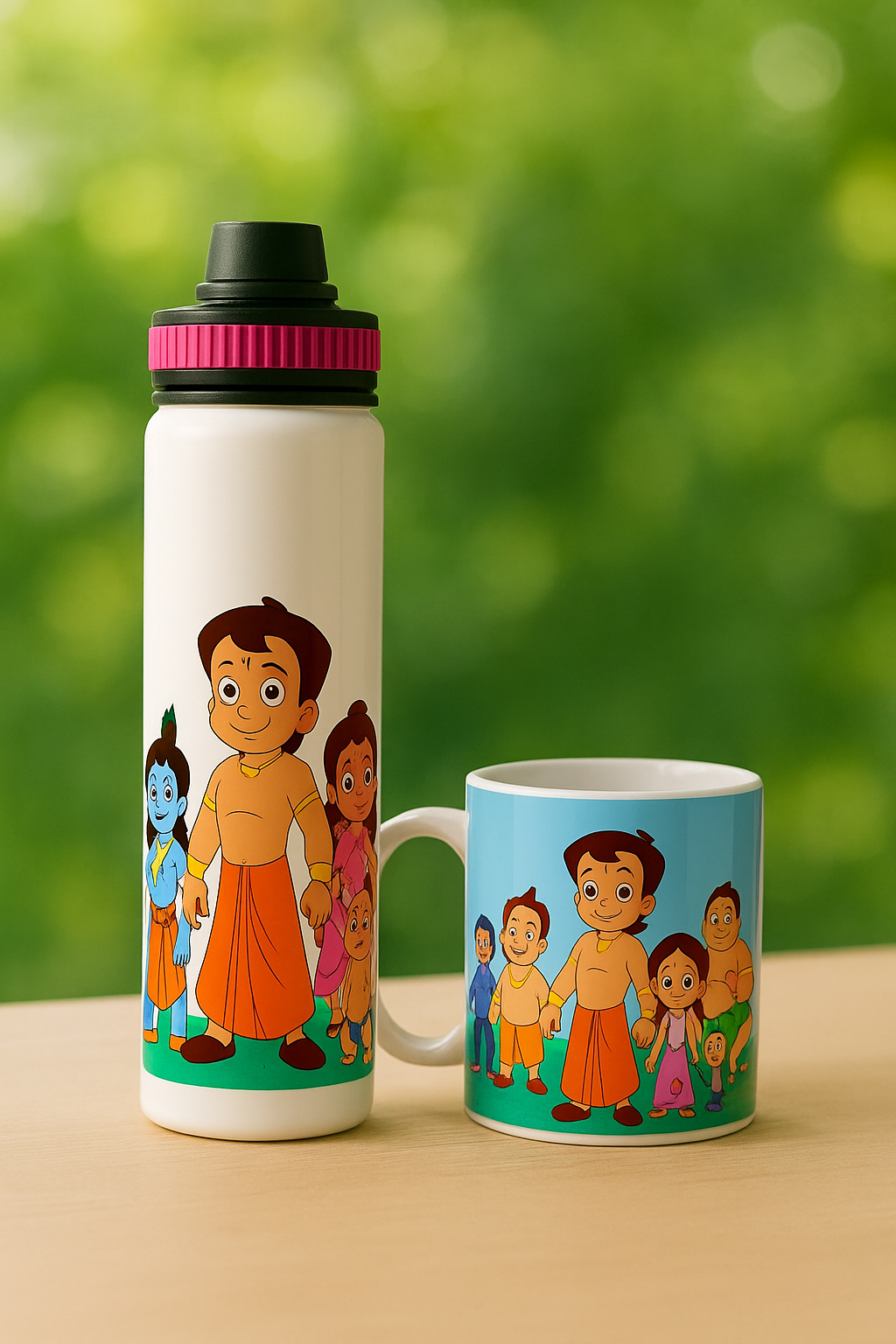 Here is a product title and description for the cartoon-themed water bottle and ceramic mug set show