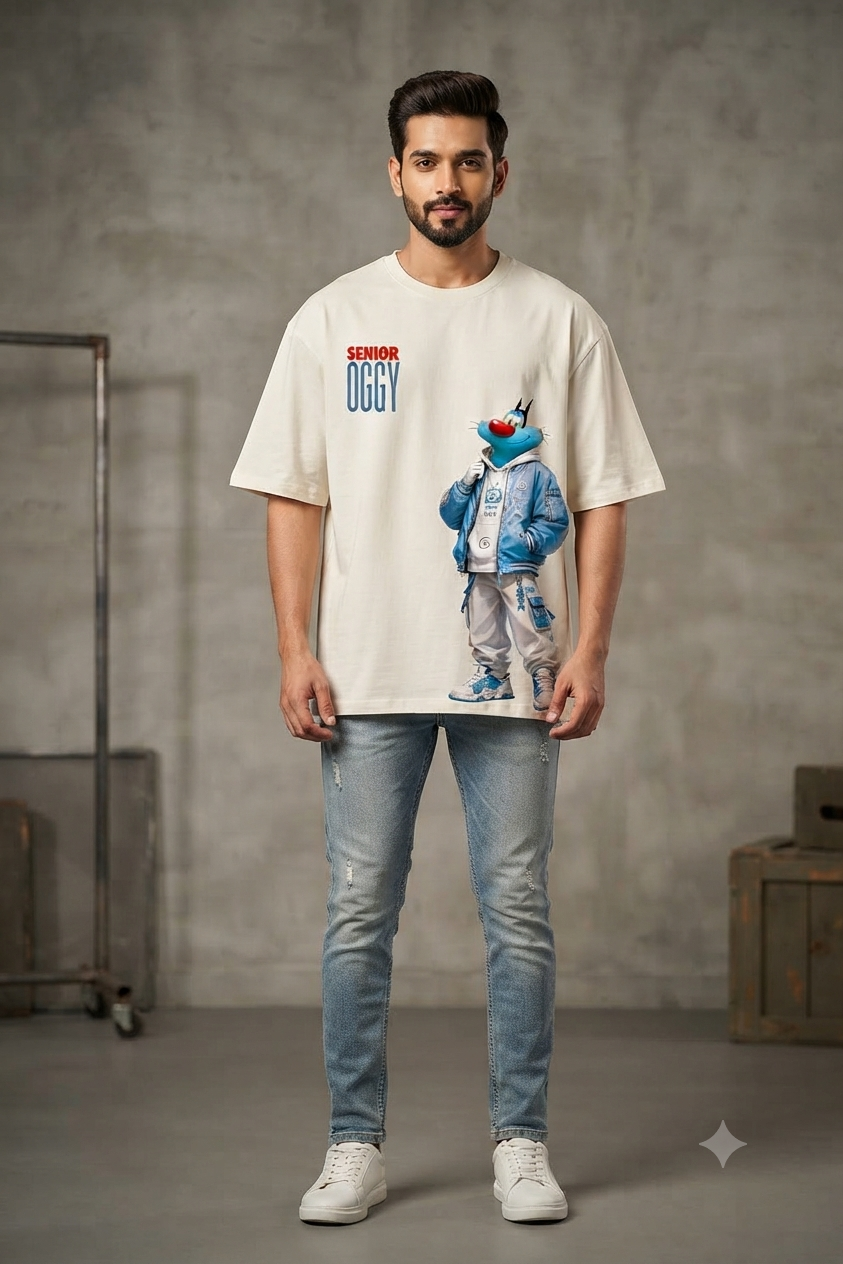 Senior Oggy Cartoon Print Oversized Off White T-Shirt for Men