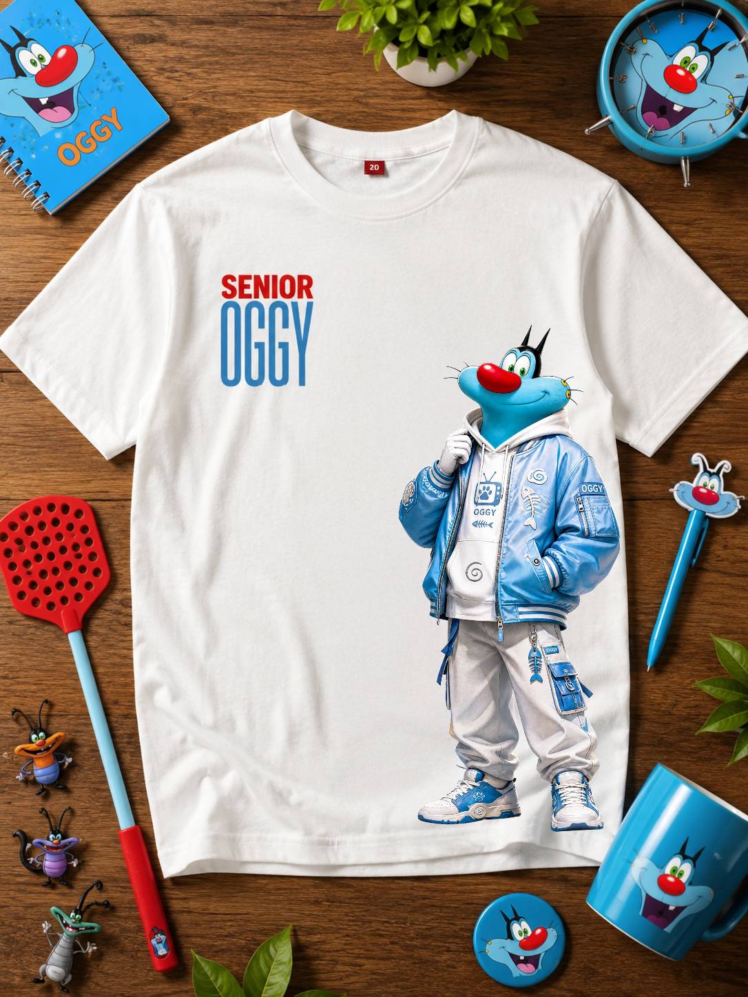 Senior Oggy Cartoon Print Oversized Off White T-Shirt for Men