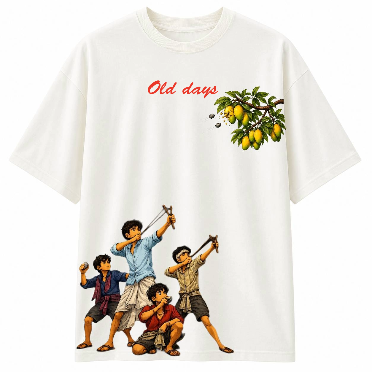 Old Days Oversized T-Shirt for Men | Vintage Mango Tree & Slingshot Kids Graphic Print | Loose Fit S