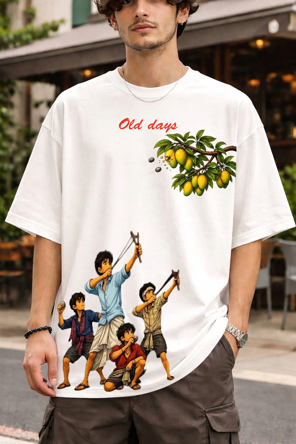 Old Days Oversized T-Shirt for Men | Vintage Mango Tree & Slingshot Kids Graphic Print | Loose Fit S