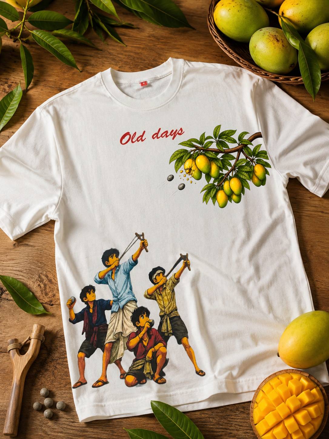 Old Days Oversized T-Shirt for Men | Vintage Mango Tree & Slingshot Kids Graphic Print | Loose Fit S